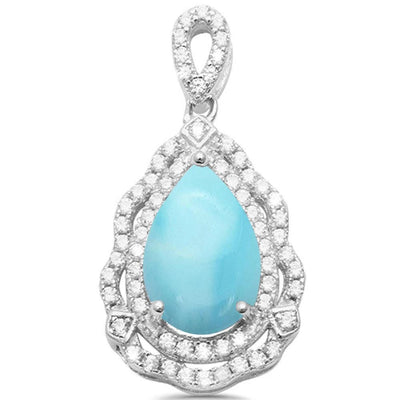 Sterling Silver Pear Shape Natural Larimar and Cubic Zirconia Pendant