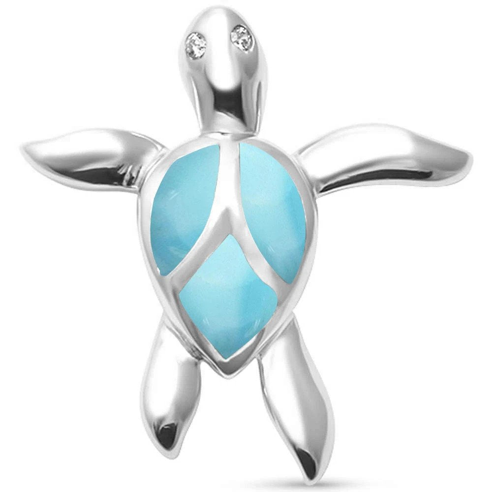 Sterling Silver Cute Natural Larimar Turtle Pendant