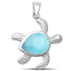 Sterling Silver Cute Natural Larimar Turtle Pendant