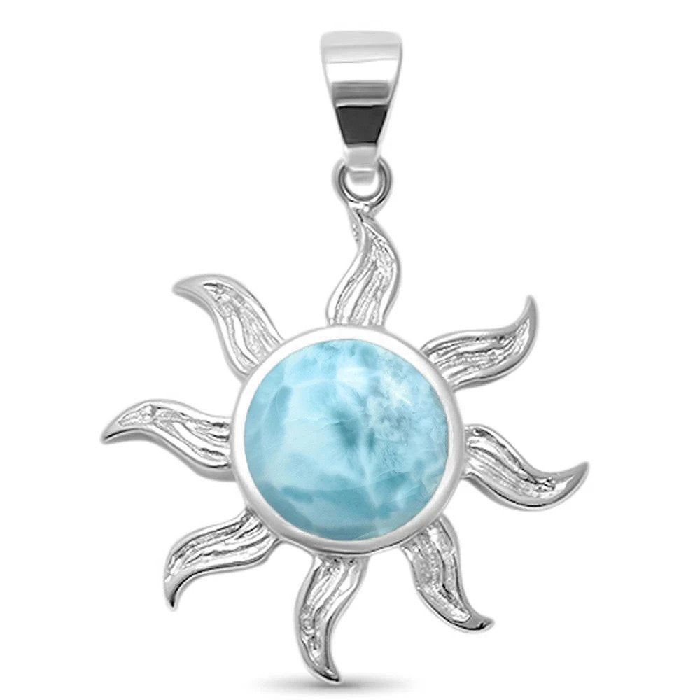 Sterling Silver Cute Natural Larimar Sun Ocean Surf Celestial Sun Pendant