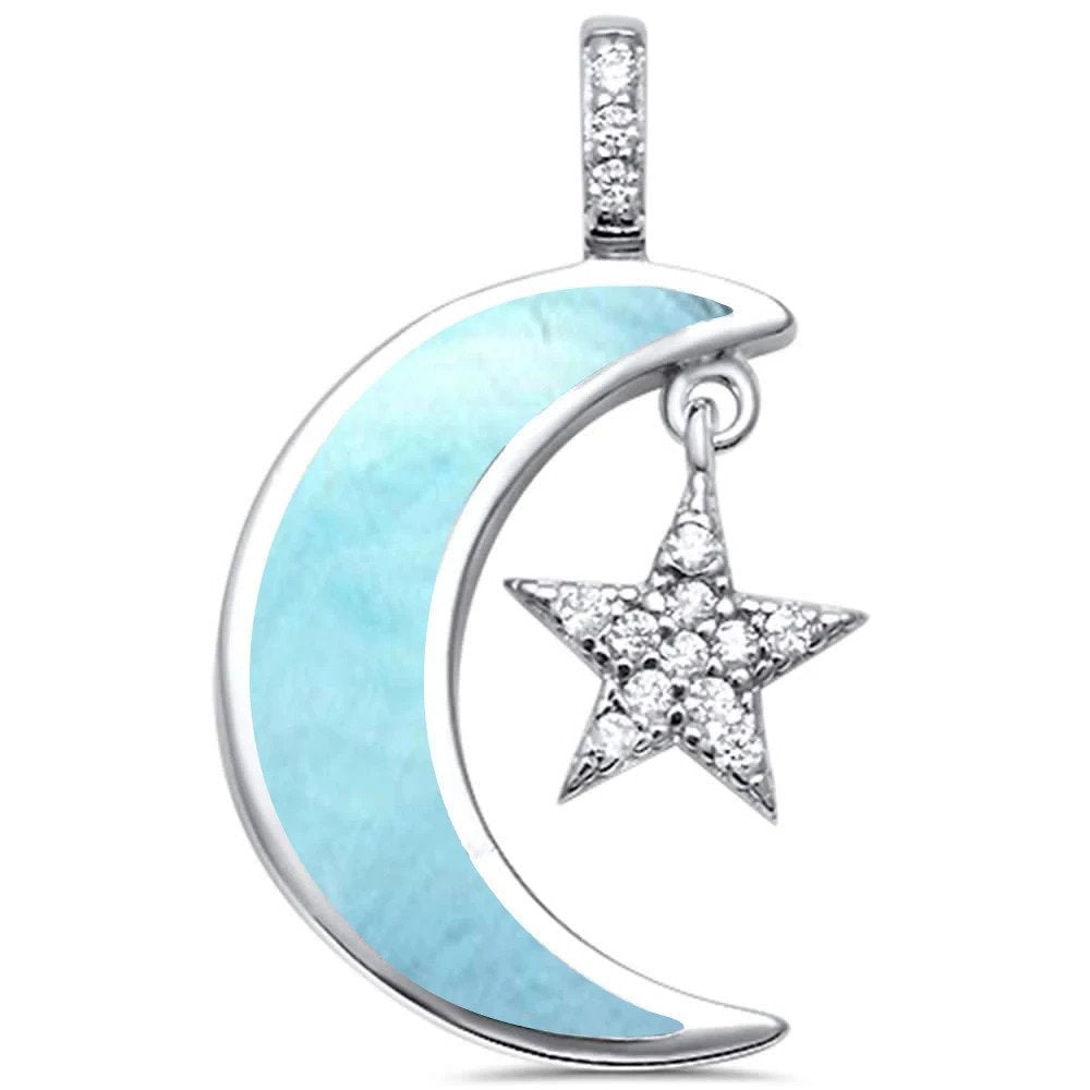 Sterling Silver Natural Larimar Crescent Moon Star Cubic Zirconia Pendant