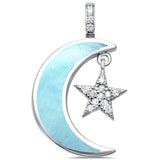 Sterling Silver Natural Larimar Crescent Moon Star Cubic Zirconia Pendant