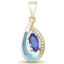 Load image into Gallery viewer, Sterling Silver Yellow Gold Plated Tear Drop Tanzanite CZ And Natural Larimar Pendant