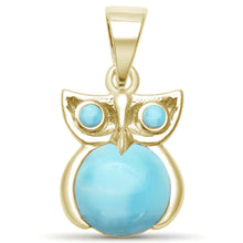 Load image into Gallery viewer, Sterling Silver Yellow Gold Plated Natural Larimar Whimsical Owl Pendant