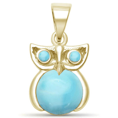 Sterling Silver Yellow Gold Plated Natural Larimar Whimsical Owl Pendant