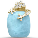 Sterling Silver Yellow Gold Plated Natural Larimar and Cubic Zirconia Frog Pendant