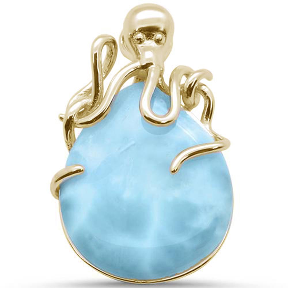 Sterling Silver Yellow Gold Plated Natural Larimar Octopus Oval Pendant