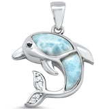 Sterling Silver Natural Larimar Dolphin and Cz Charm Pendant