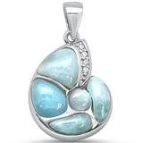 Sterling Silver Natural Larimar and Cz Snail Shell Charm Pendant