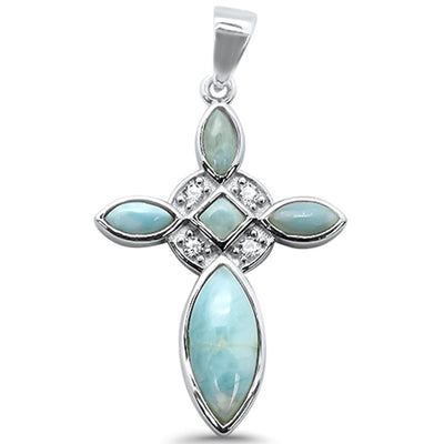 Sterling Silver Natural Larimar Cross and Cz Charm Pendant