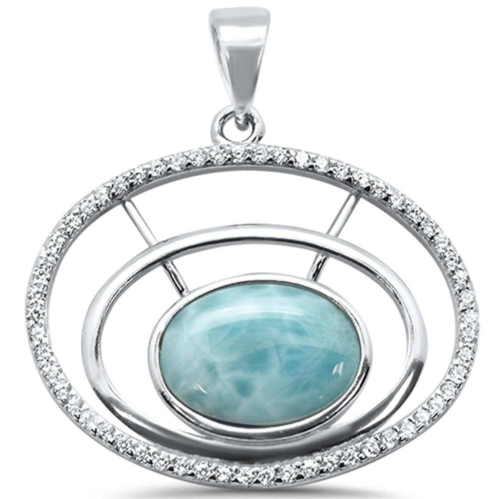 Sterling Silver Natural Larimar Oval and Cz Charm Pendant