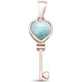 Sterling Silver Rose Gold Plated Natural Larimar Heart Key Pendant