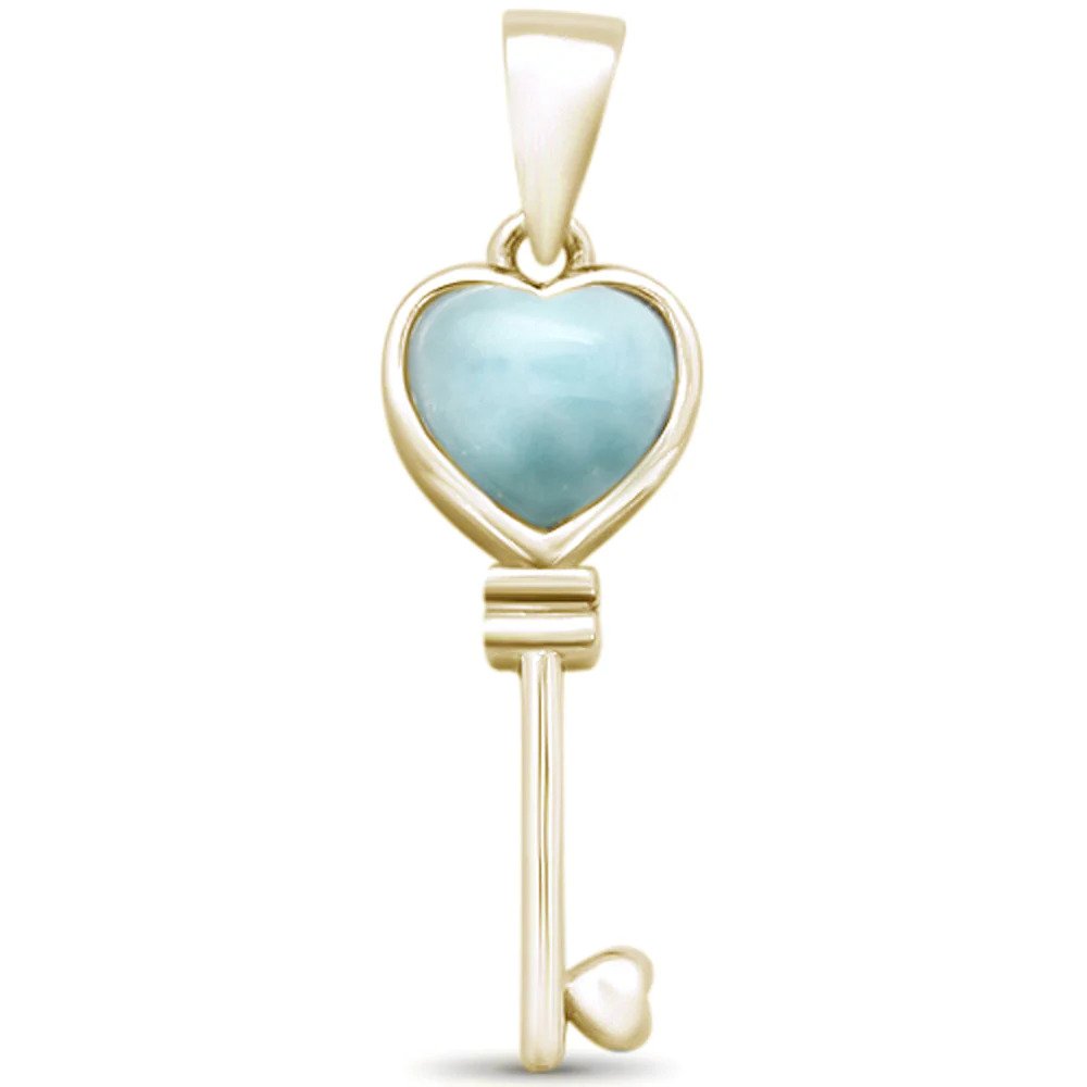 Sterling Silver Yellow Gold Plated Natural Larimar Heart Key Pendant