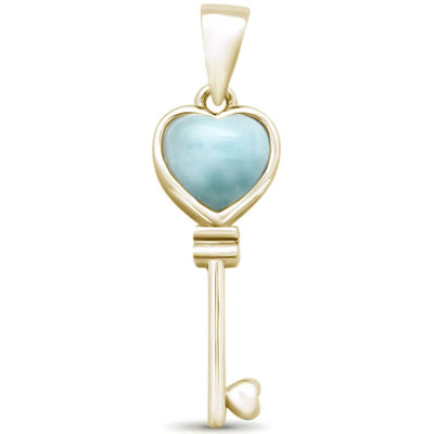 Sterling Silver Yellow Gold Plated Natural Larimar Heart Key Pendant