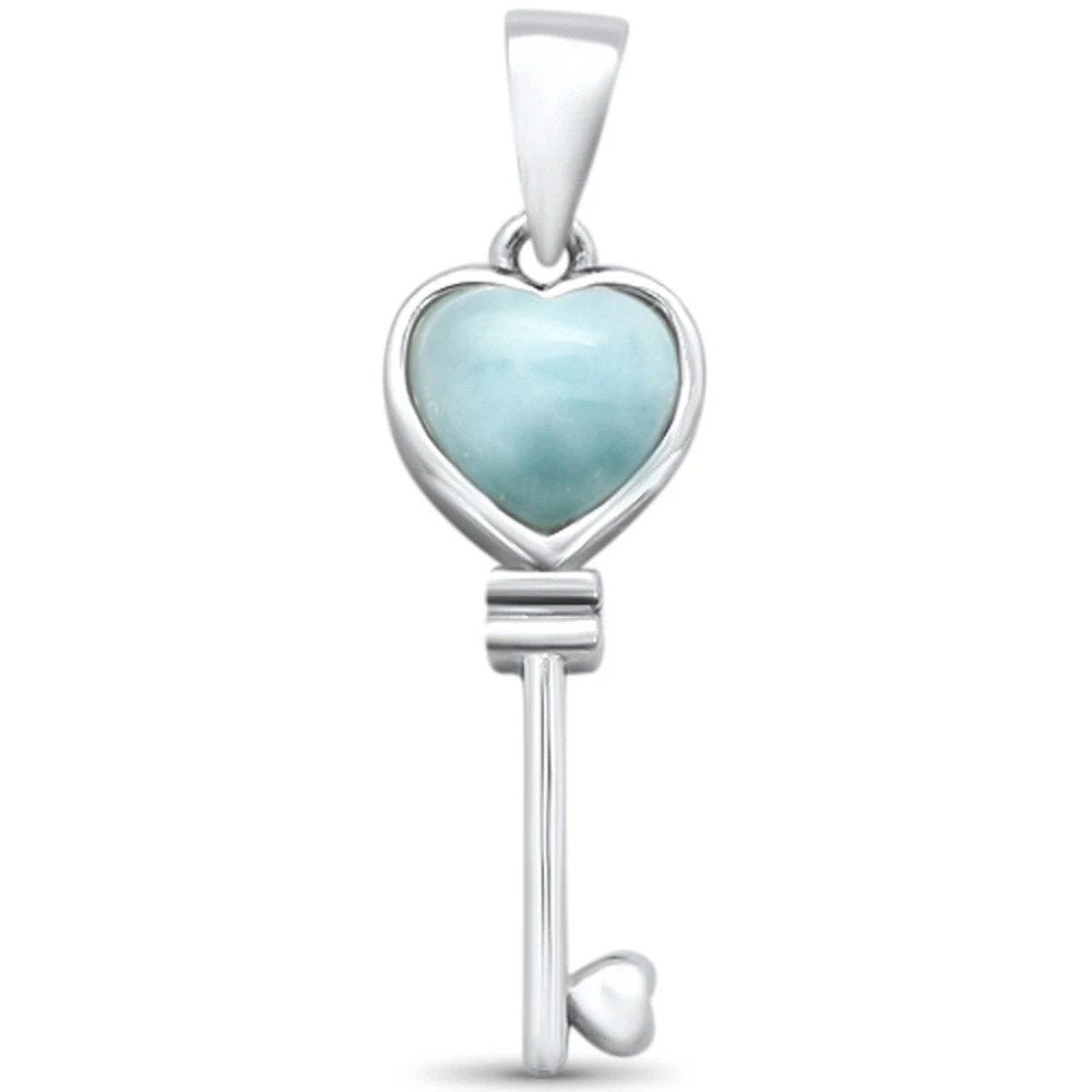 Sterling Silver Natural Larimar Heart Key Charm Pendant