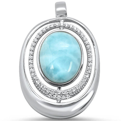 Sterling Silver Natural Larimar Oval and Cz Charm Pendant