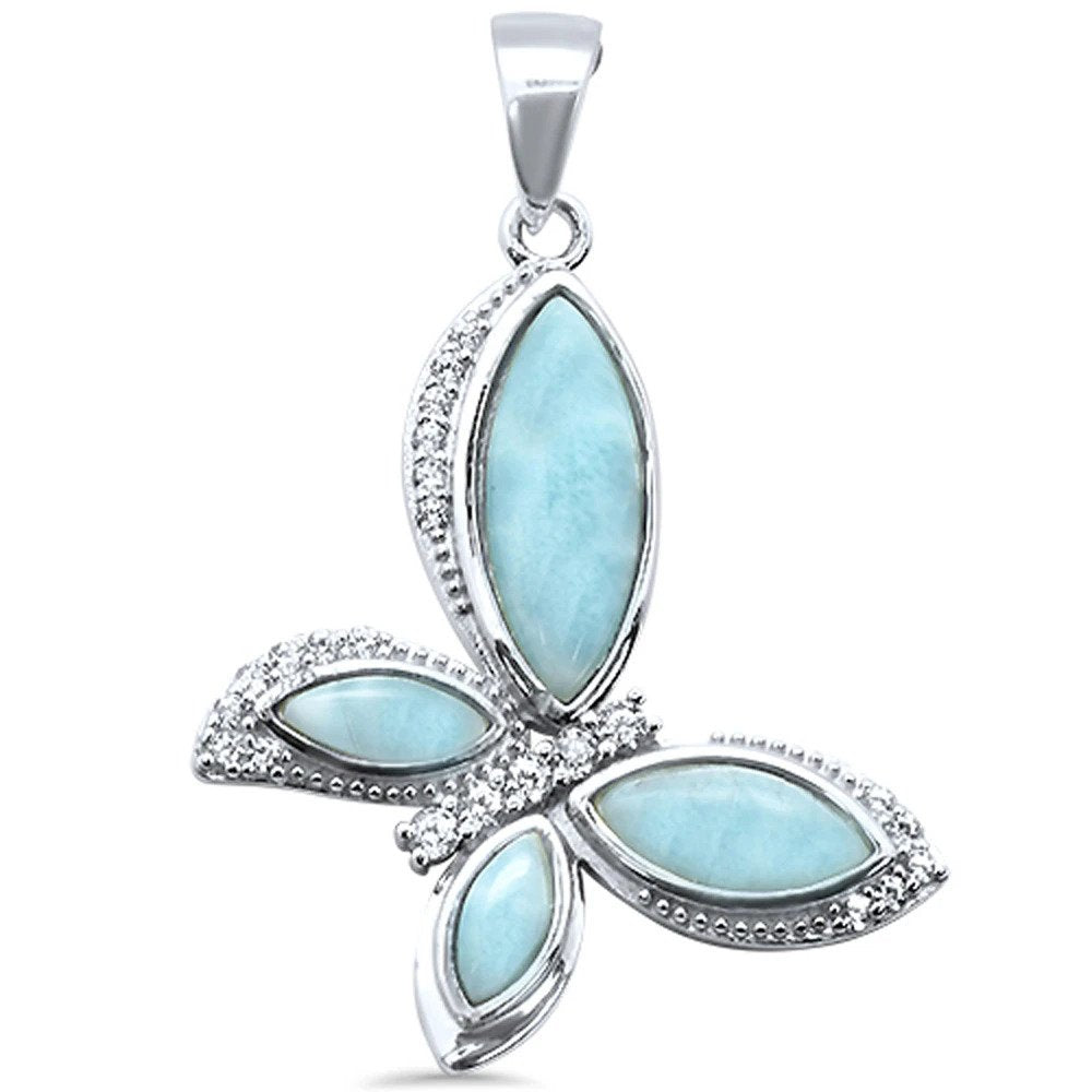 Sterling Silver Natural Larimar and Cubic Zirconia Butterfly Pendant