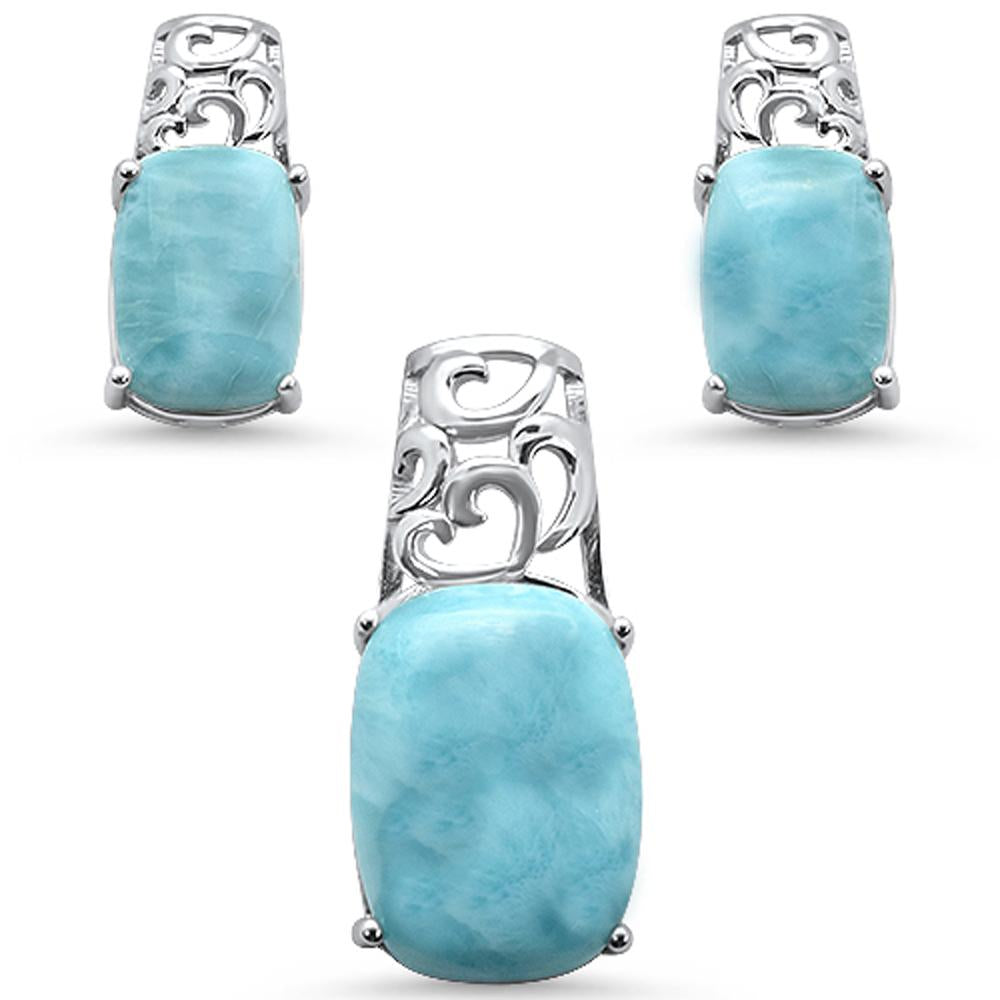 Sterling Silver Cushion Cut Natural Larimar Pendant And Earrings Set