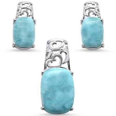 Sterling Silver Cushion Cut Natural Larimar Pendant And Earrings Set