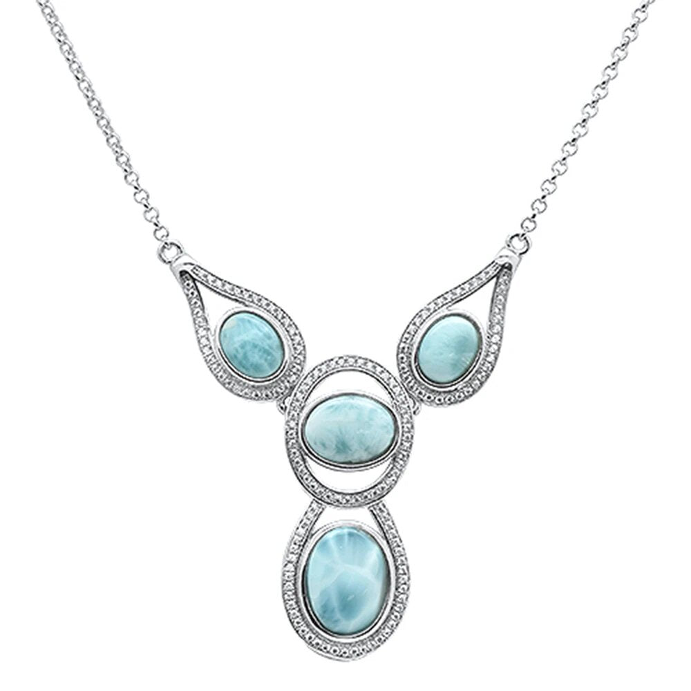 Sterling Silver Natural Larimar And Cubic Zirconia Pendant Necklace