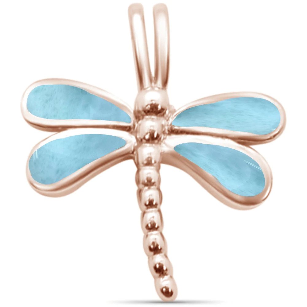 Sterling Silver Rose Gold Plated Natural Larimar Dragonfly Pendant