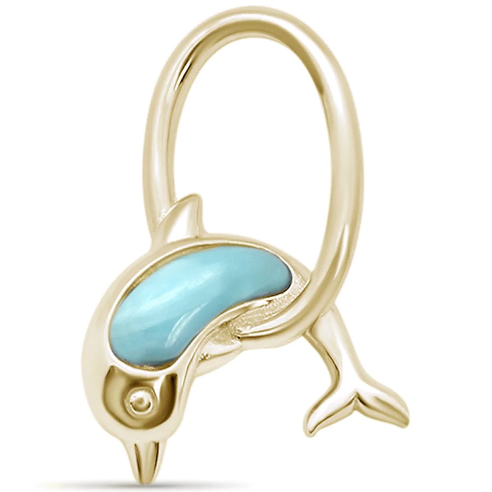 Sterling Silver Yellow Gold Plated Natural Larimar Dolphin Jumping Hoops Charm Pendant