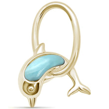 Load image into Gallery viewer, Sterling Silver Yellow Gold Plated Natural Larimar Dolphin Jumping Hoops Charm Pendant