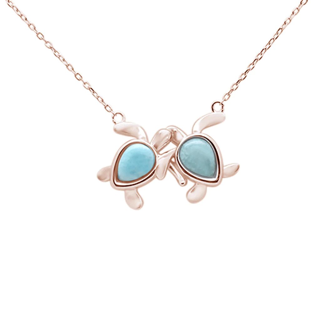 Sterling Silver Rose Gold Plated Natural Larimar Two Turtle Love Frienship Necklace