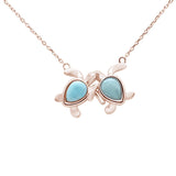 Sterling Silver Rose Gold Plated Natural Larimar Two Turtle Love Frienship Necklace