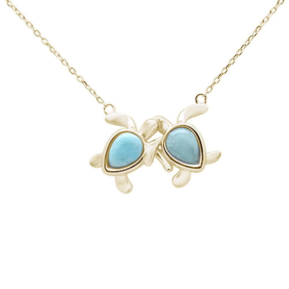 Sterling Silver Yellow Gold Plated Natural Larimar Two Turtle Love Frienship Necklace
