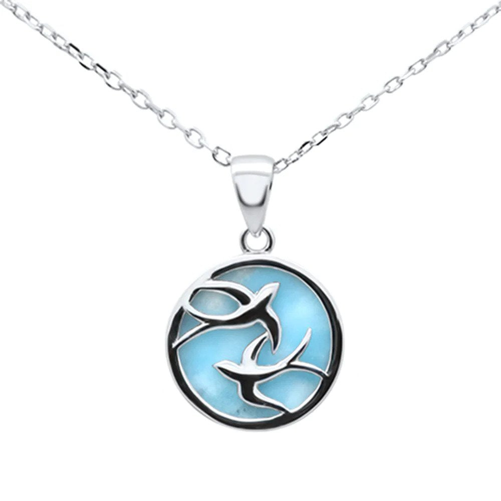 Sterling Silver Natural Larimar Two Dove Pendant Necklace