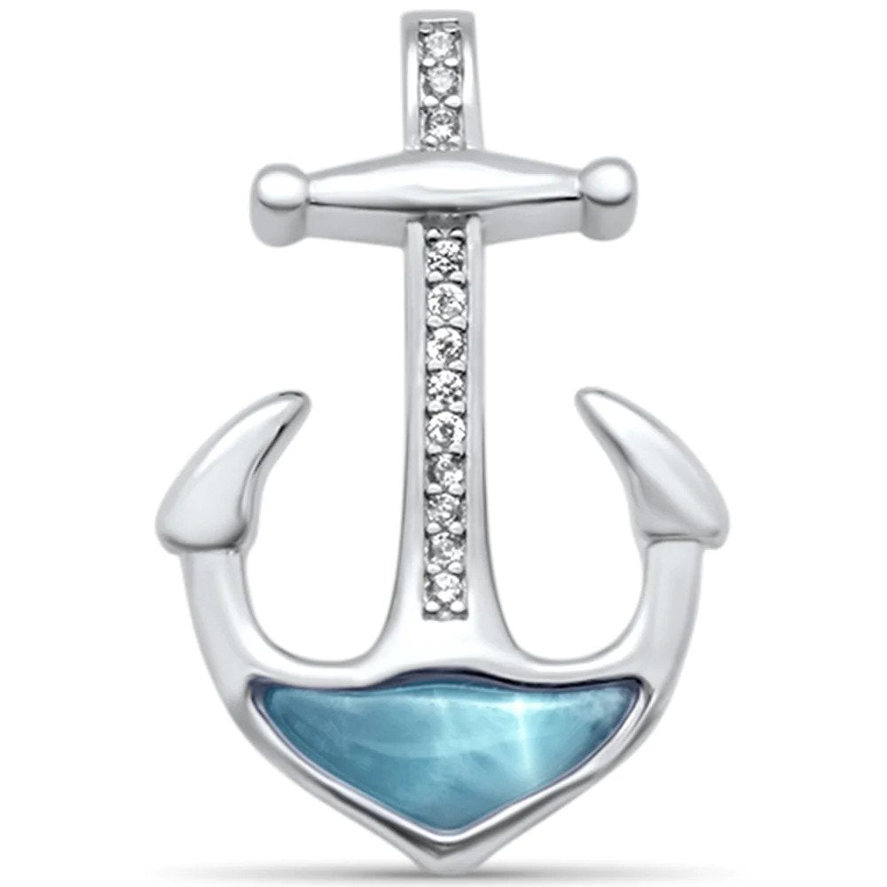 Sterling Silver Natural Larimar And CZ Anchor Pendant