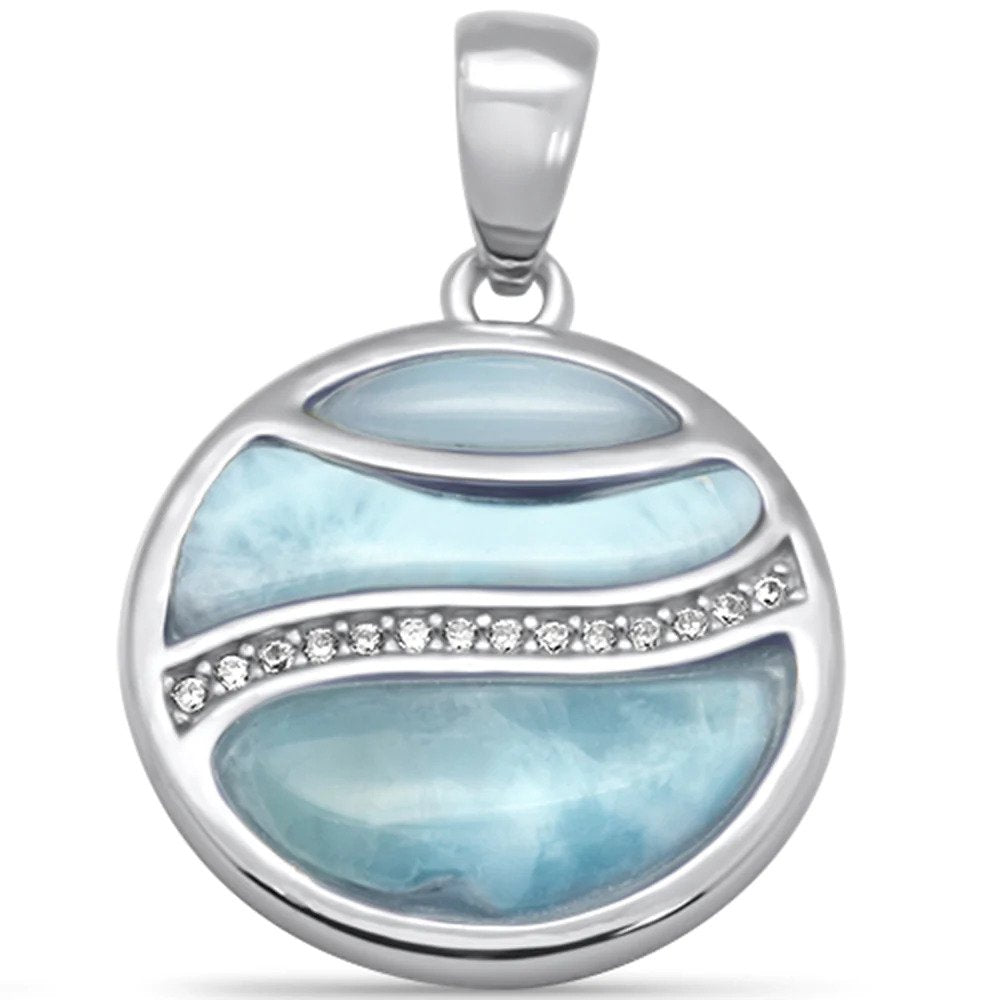 Sterling Silver Round Natural Larimar And CZ Pendant