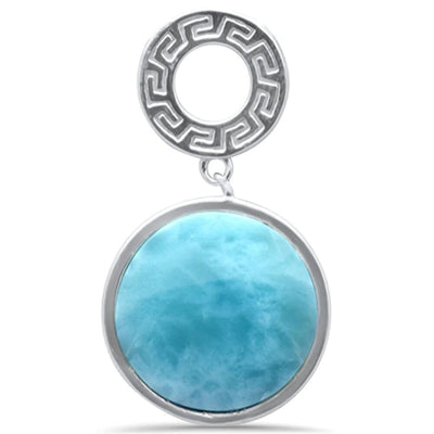 Sterling Silver Round Natural Larimar Greek Design Pendant Necklace 16-18