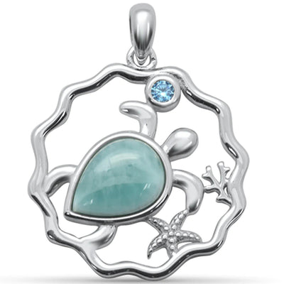 Sterling Silver Natural Larimar Jellyfish, Fish, Star and Aquamarine CZ Pendant-1.35inch
