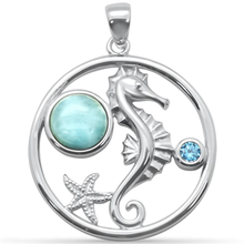 Load image into Gallery viewer, Sterling Silver Round Natural Larimar Seahorse, Starfish and Aquamarine CZ Pendant-1.35inch