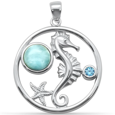 Sterling Silver Round Natural Larimar Seahorse, Starfish and Aquamarine CZ Pendant-1.35inch