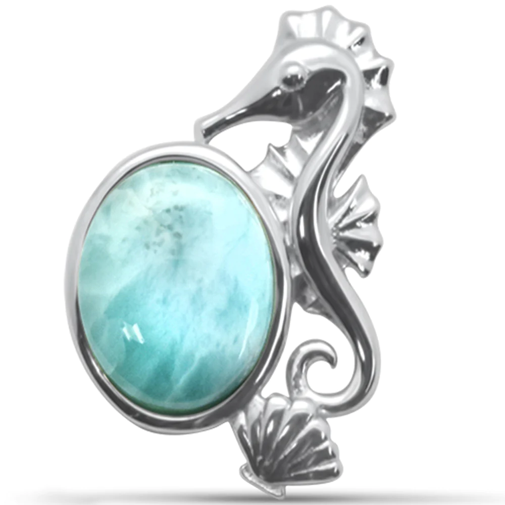 Sterling Silver Oval Shaped Natural Larimar Seahorse and Aquamarine CZ Pendant-0.8inch