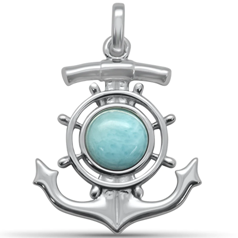 Sterling Silver Round Shaped Natural Larimar Anchor Pendant-1.1inch