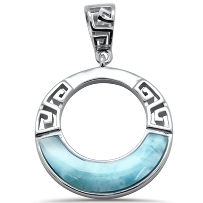 Sterling Silver Round Shape Greek Design Natural Larimar Pendant-Length-1.19 inch