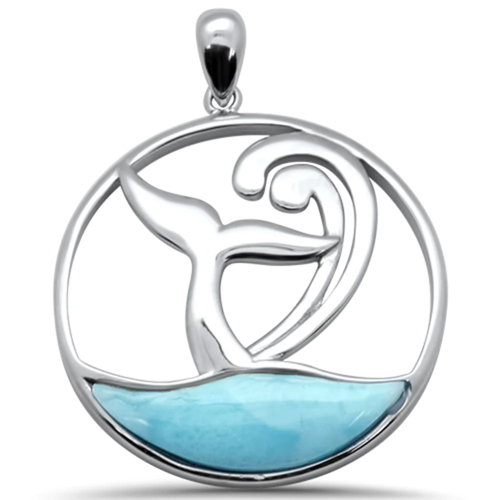 Sterling Silver Whale Tail Natural Larimar Pendant-Length-1.19 inch