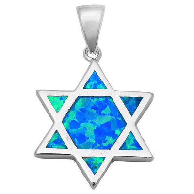 Sterling Silver Solid Blue Fire Opal Star of David Pendant Necklace