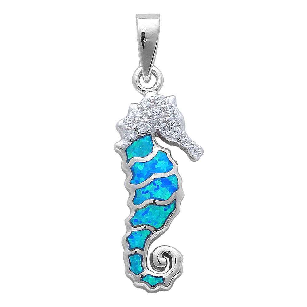 Sterling Silver Blue Opal And Cz Sea Horse PendantAnd Width 28x11mm