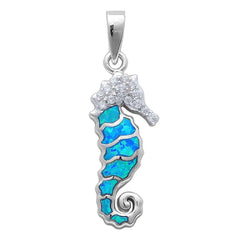 Sterling Silver Blue Opal And Cz Sea Horse PendantAnd Width 28x11mm