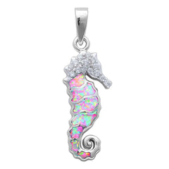 Sterling Silver Pink Opal And Cz Sea Horse PendantAnd Width 28x11mm