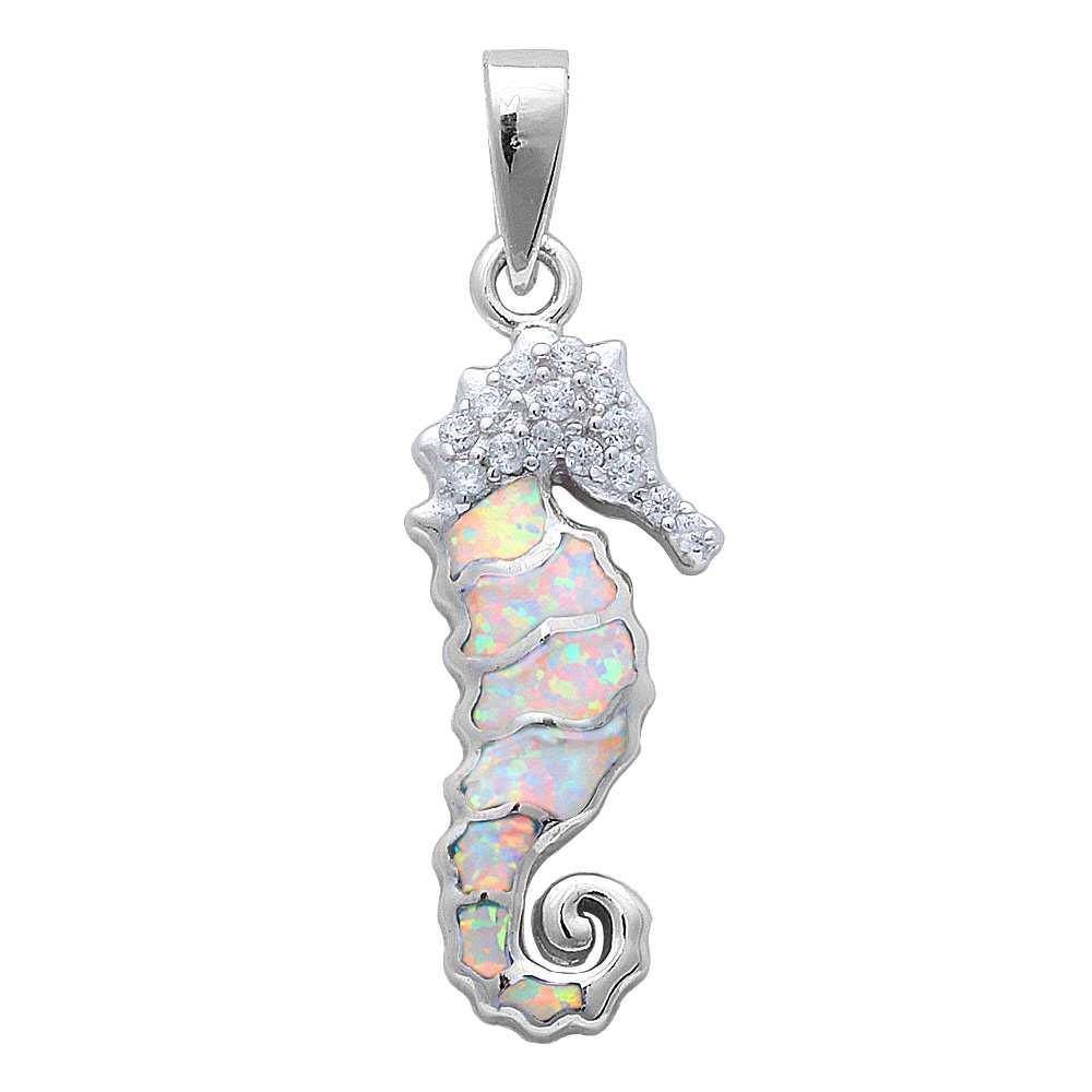 Sterling Silver White Opal And Cz Sea Horse PendantAnd Width 28x11mm