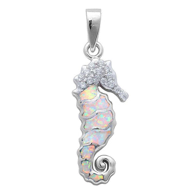 Sterling Silver White Opal And Cz Sea Horse PendantAnd Width 28x11mm