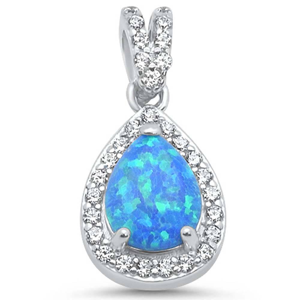 Sterling Silver Pear Blue Opal and Cubic Zirconia Pendant