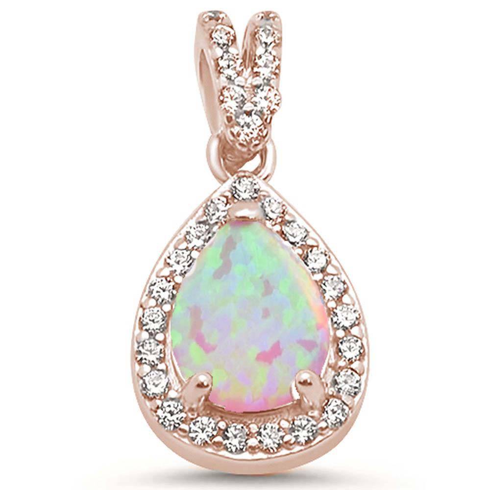 Sterling Silver Rose Gold Plated Pear Pink Opal and Cubic Zirconia Pendant