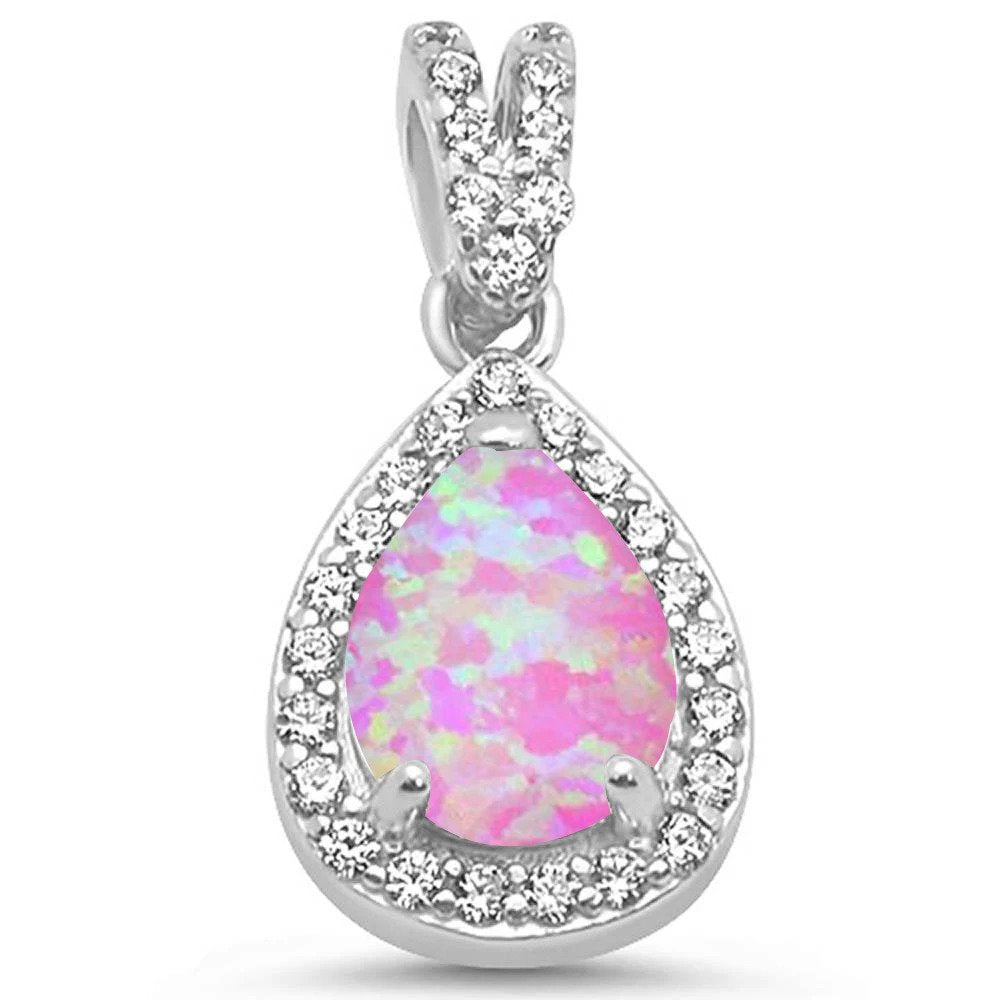 Sterling Silver Pear Pink Opal and Cubic Zirconia Pendant